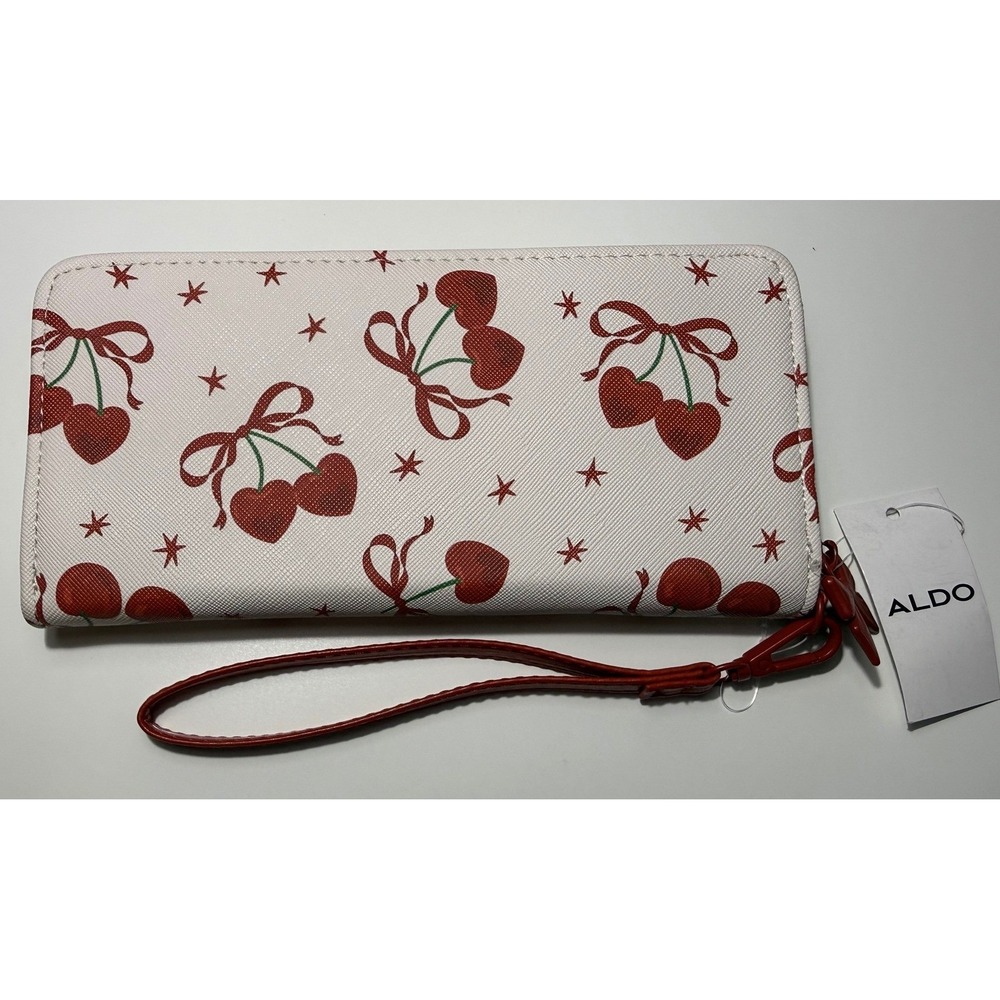 Aldo Cherry Heart Bow Print Zip Around Wristlet Wallet Detachable Strap NEW - Picture 2 of 8